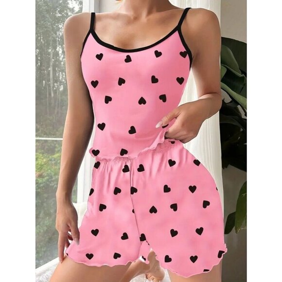 2 Piece Sexy Sleepwear lingerie Pajamas Nightwear PJ's Hearts Pink Women's - Picture 3 of 6